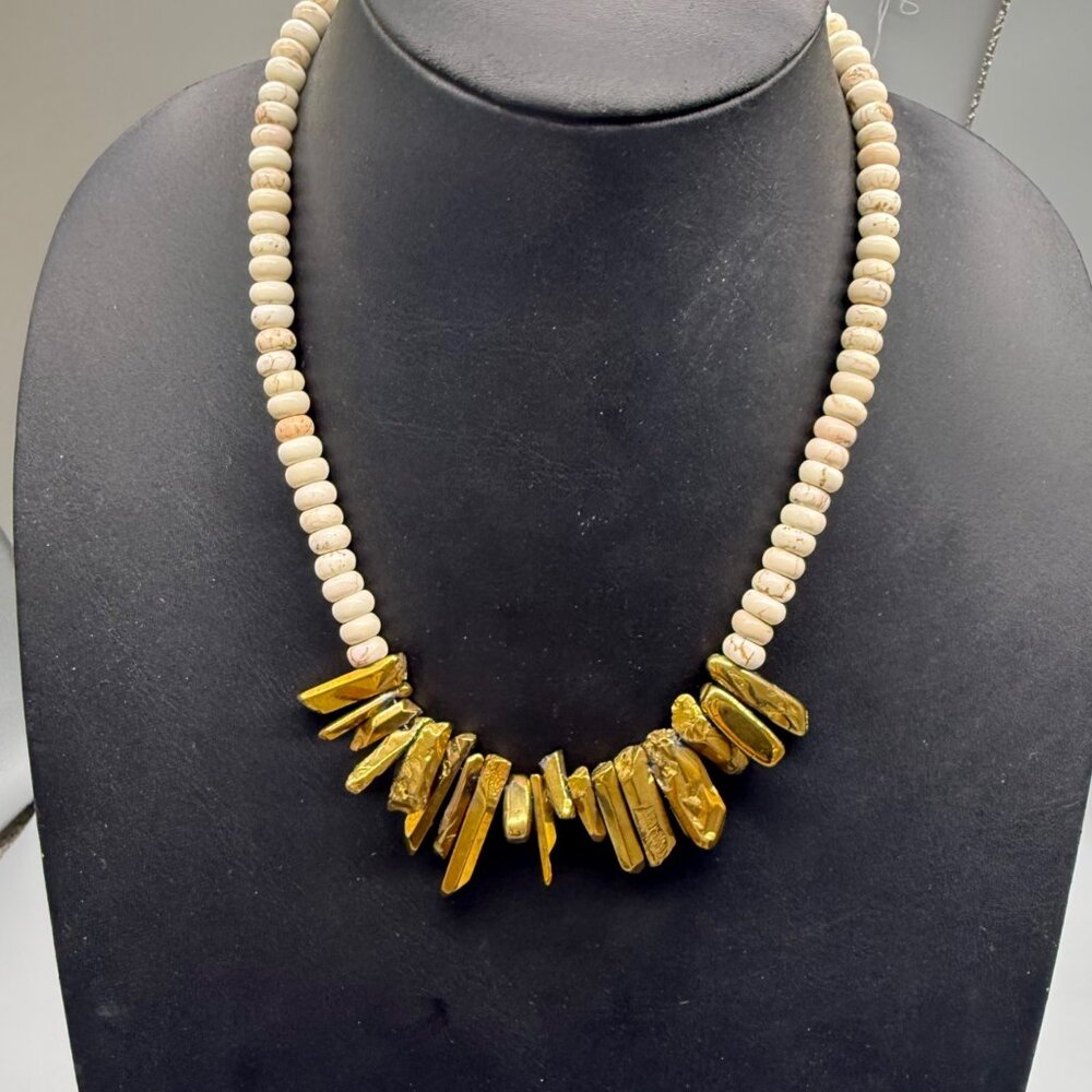 Metallic Spike Quartz Gold-Tone Stone and Stone Beaded Necklace